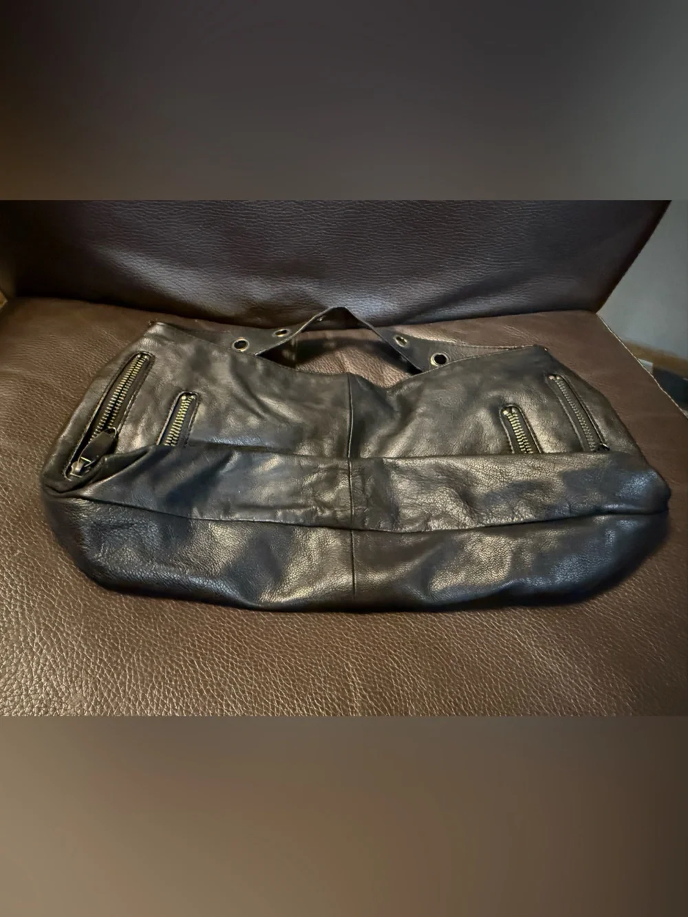 Kenneth Cole Reaction Black Leather Shoulder Hobo with Grommet Strap